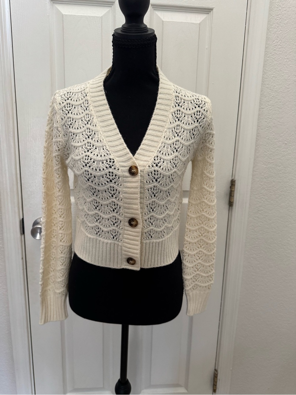 Cream Openwork V-Neck Button Cropped Cardigan Sweater